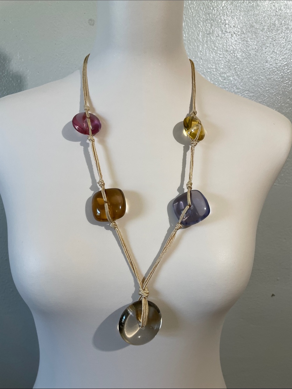 Boho Adjustable Cord Acrylic Resin Bead Statement Necklace Artisan Jewelry Beige